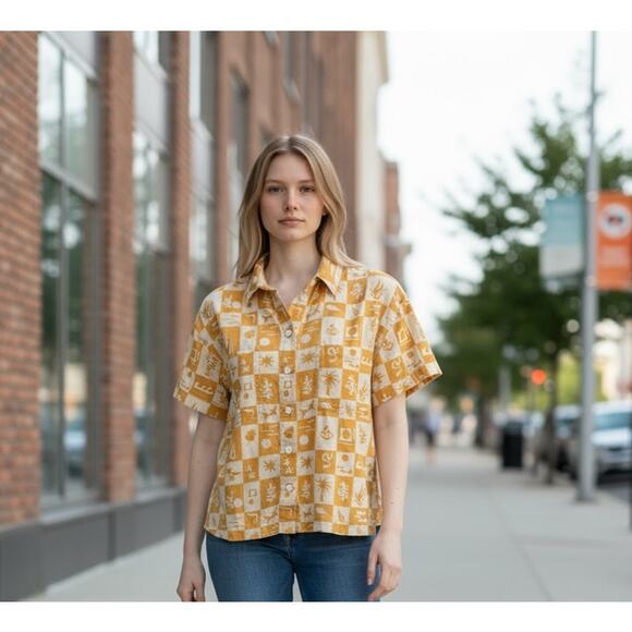 Madewell Orange Beige Checker Tropical Print Linen Blend Button Down Shirt SZ XS - Picture 1 of 9